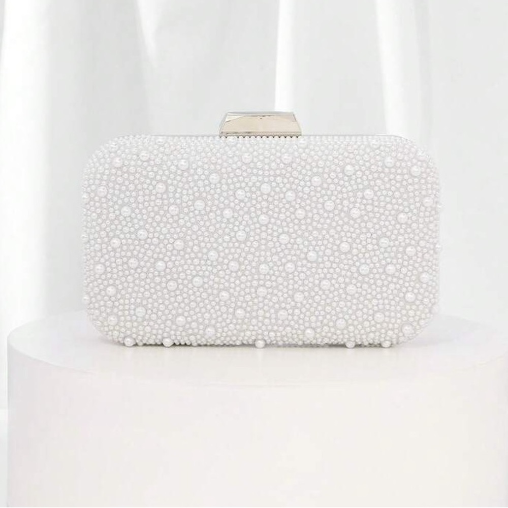 Faux Pearls White Beaded Clutch